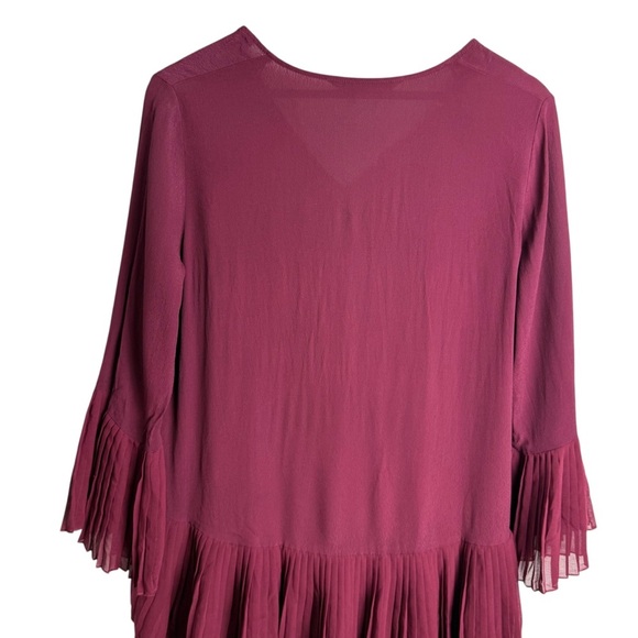 Zara Woman Contrasting Pleated Tunic Dress Burgundy Size S Bell Sleeves V Neck - Picture 8 of 11